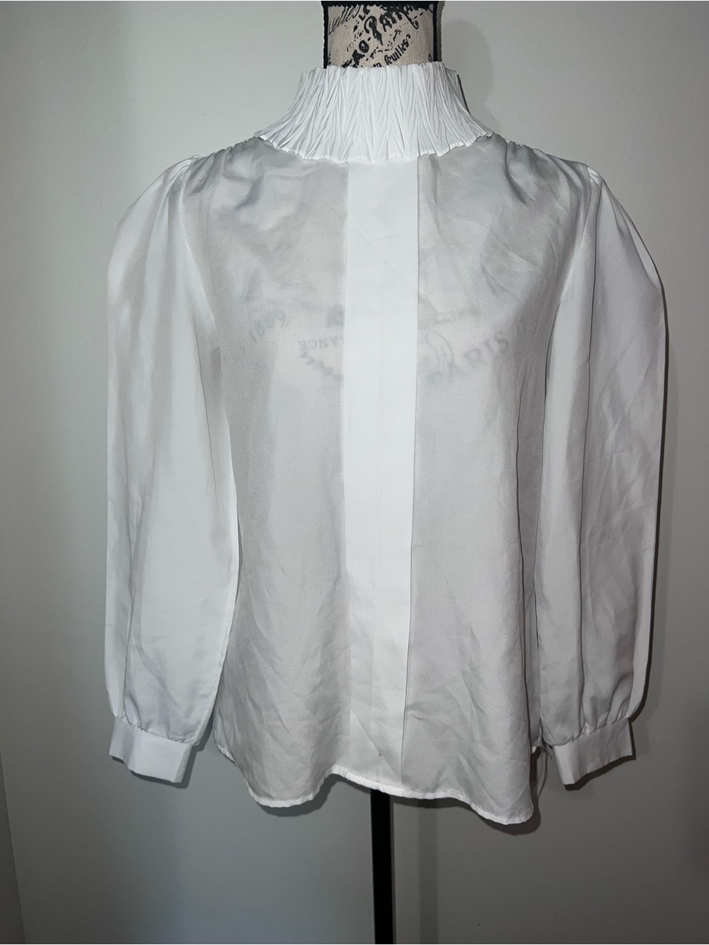 Vintage 80s Rhoda Lee White Pleated Mock Neck Blouse Puff Sleeve Size 10 - Picture 1 of 9
